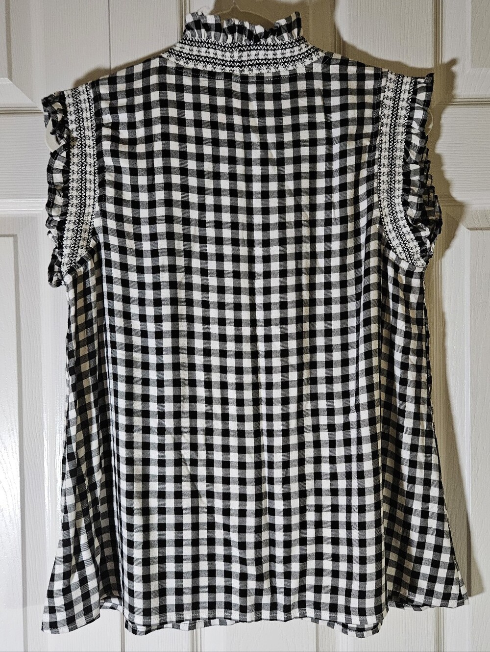 Crown & Ivy Black White Gingham Smocked Ruffle Sleeveless Top - Picture 5 of 12